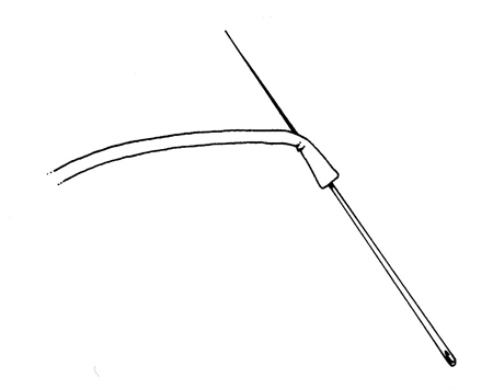 Nailless Nail Knot 3 Step 1. Insert a needle into the end of the fly line about 1/8 to 3/16 of an inch, and then out the side. Allow the needle to remain in place of a couple of minutes so the plastic of the line will stretch a bit. Drawing by Jason Borger